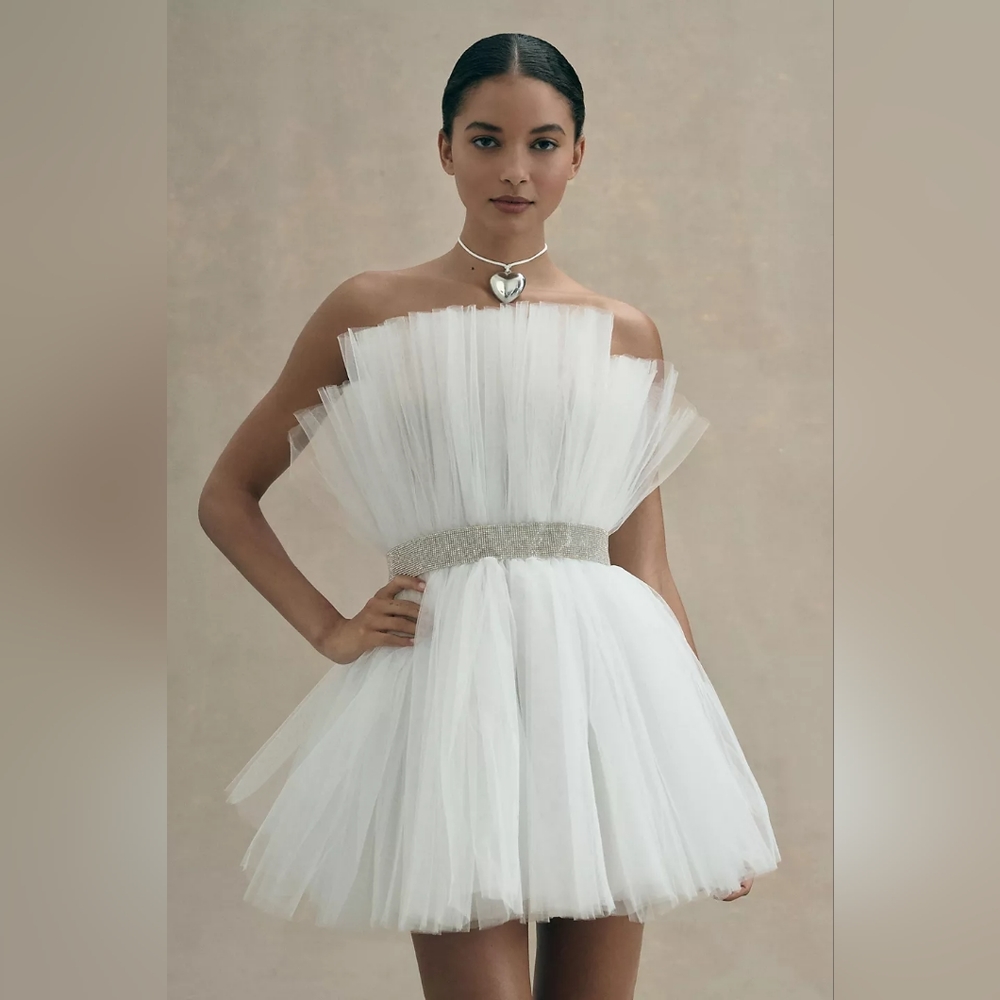 Bronx and Banco Strapless White Tulle Mini Dress